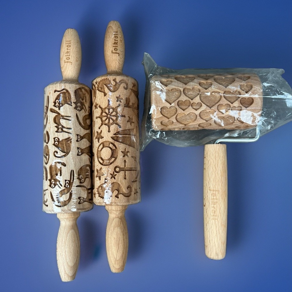 Rolling Pin Cookie Dough Cats, Hearts & Nautical Embossing Wood Folkroll Baking
